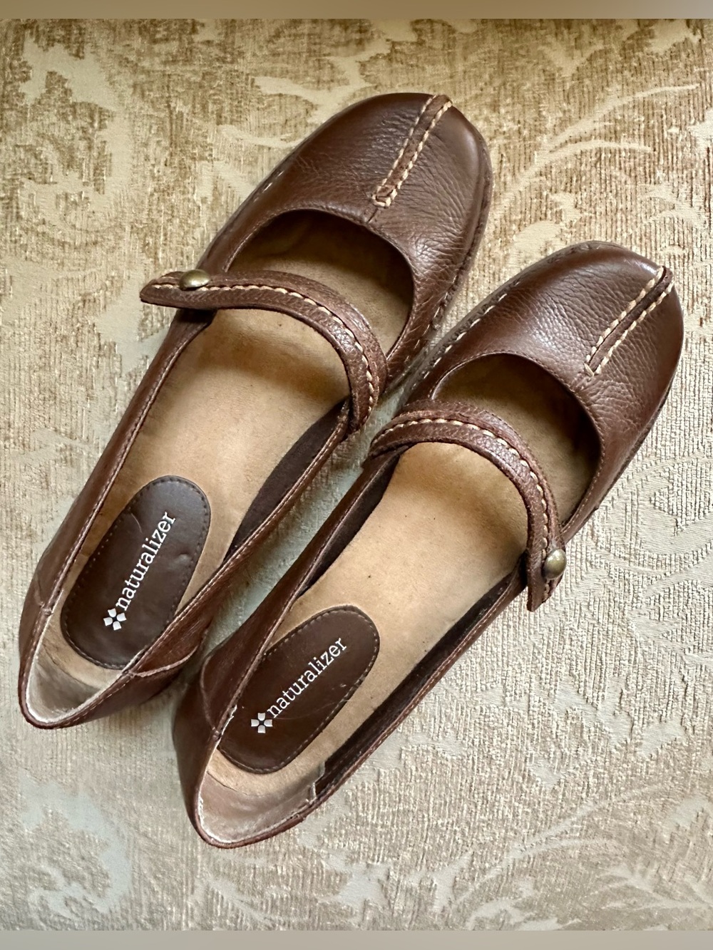 Naturalizer Brown Leather Mary Jane Flats with Contrast Stitching